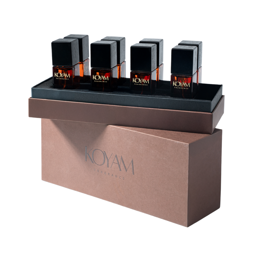 Koyam Fragrance Discovery Box featuring 8 luxury Arabian perfume samples including Date, Midnight, Solo, Windriver, Xantor, Trivia, Roma and Gypsy